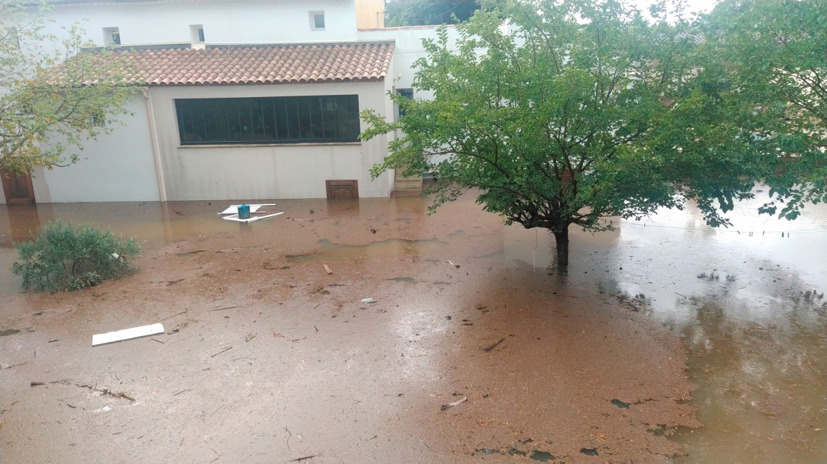 A tree stands amongst flood waters in Aigues-Vives, Gard, France September 14, 2021, in this screen grab obtained from a social media video. @STAWIXBLINK/via REUTERS