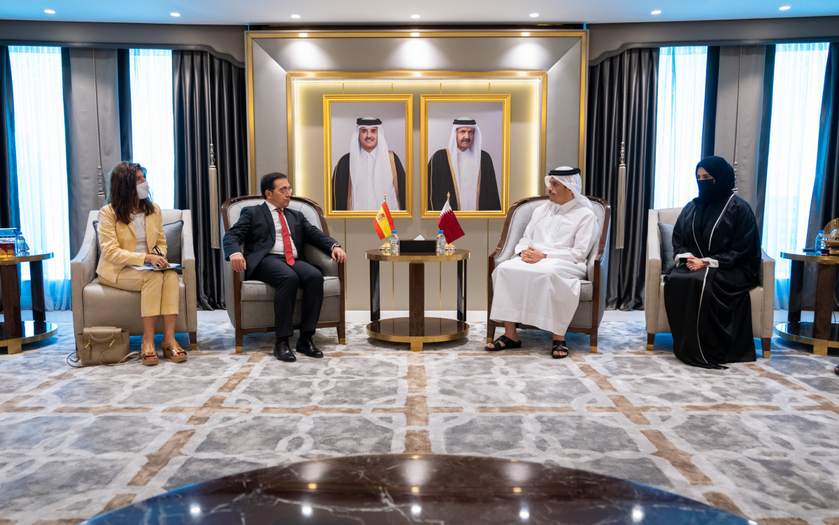 Deputy Prime Minister and Minister of Foreign Affairs H E Sheikh Mohammed bin Abdulrahman Al Thani meeting with Minister of Foreign Affairs, European Union and Cooperation of the Kingdom of Spain, H E Jose Manuel Albares Bueno, in Doha, yesterday. 