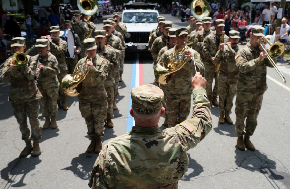 A Military bands perform during the 236th annual Military, Civic, and Firemen's Parade as part of 4th of July celebrations in Bristol, Rhode Island, U.S., July 5, 2021. REUTERS/Quinn Glabicki
