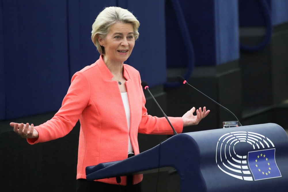 European Commission President Ursula von der Leyen delivers a speech during a debate on 