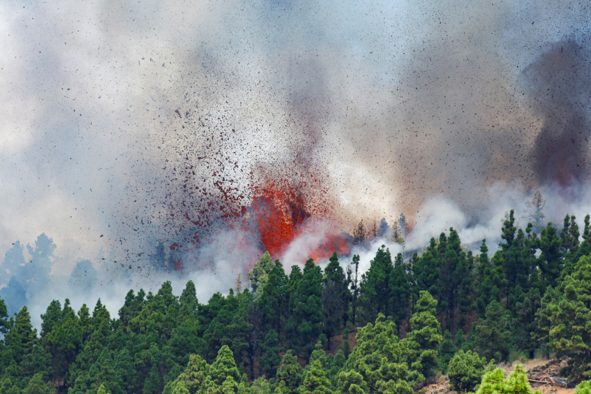 Lava and smoke rise following the eruption of a volcano in the Cumbre Vieja national park at El Paso, on the Canary Island of La Palma, September 19, 2021. REUTERS/Borja Suarez
