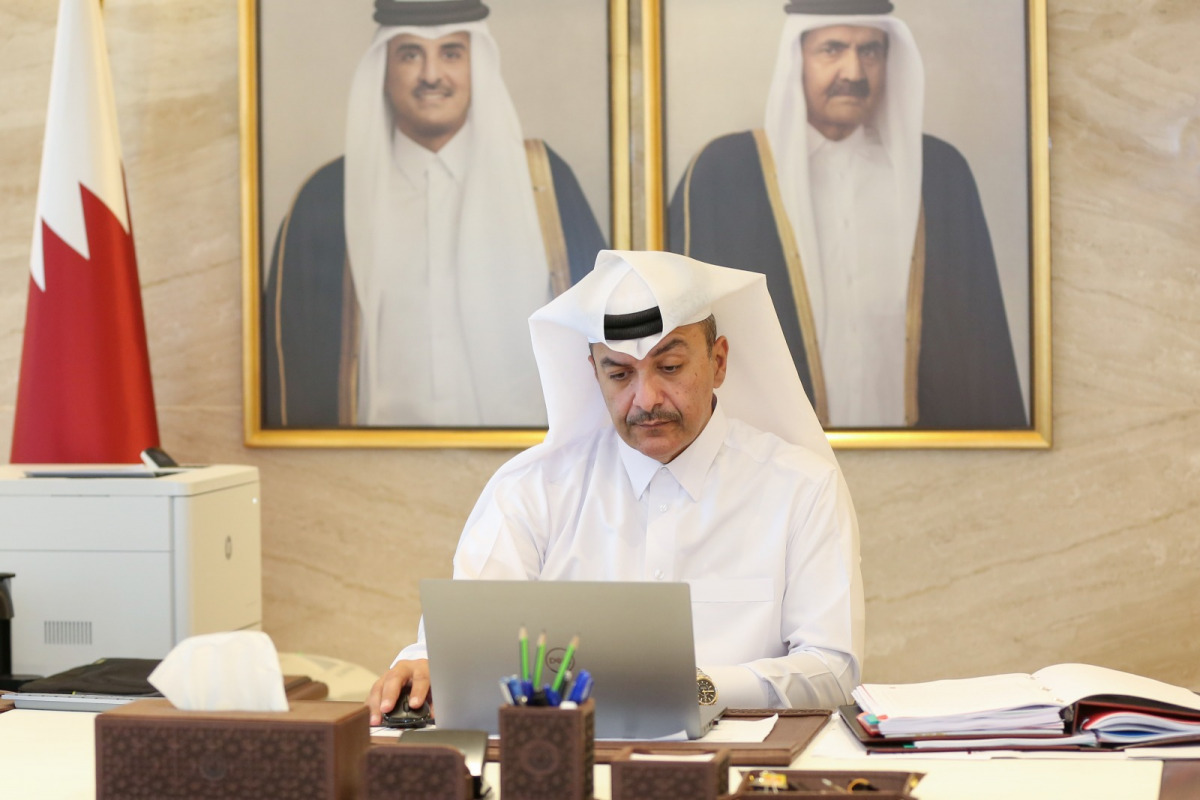 Minister of Administrative Development, Labor and Social Affairs H E Yousef bin Mohammed Al Othman Fakhroo participating in the ministerial meeting.