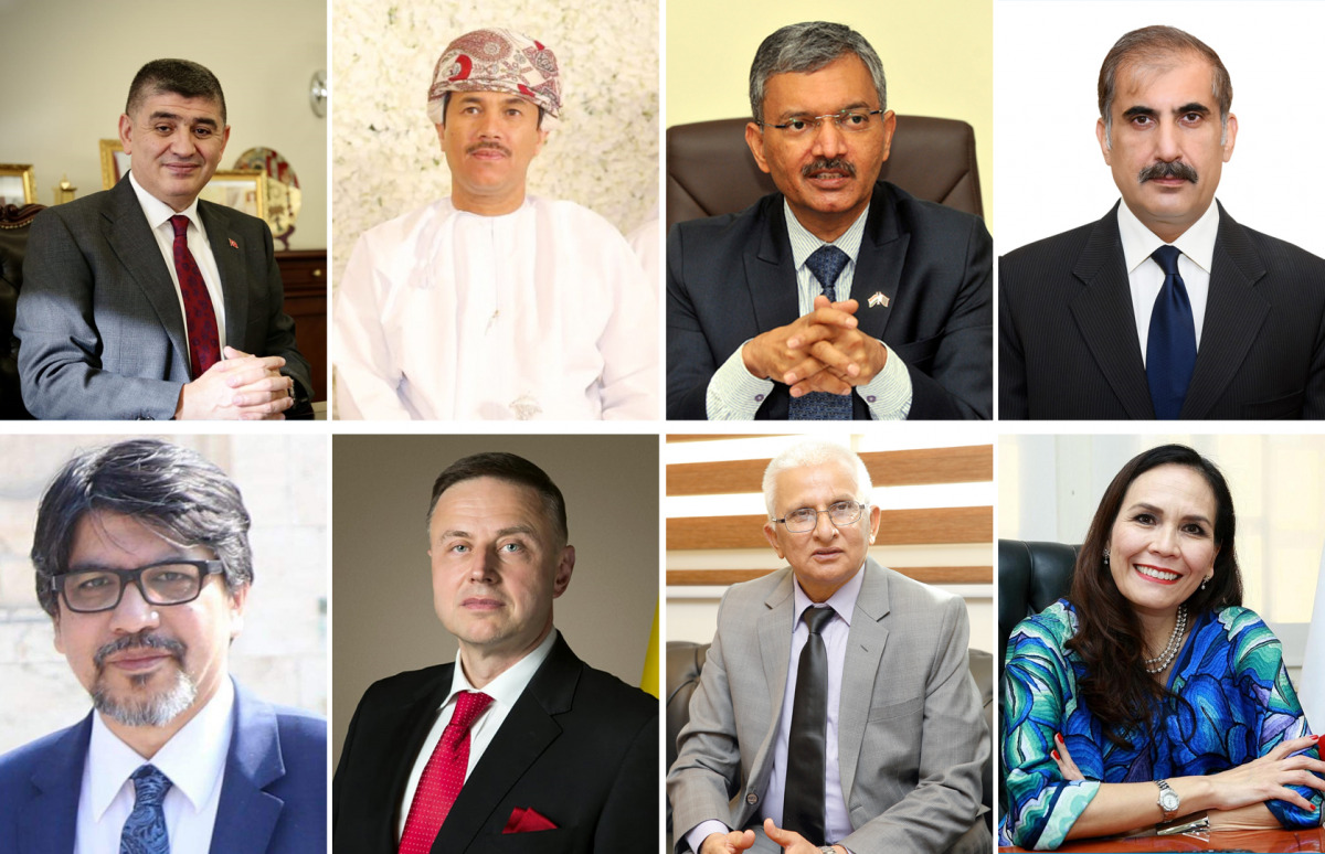 Top left: Ambassador of Turkey, H E Dr. M Mustafa Göksu; Ambassador of Oman, H E Najib bin Yahya Al Balushi; Ambassador of India, H E Dr. Deepak Mittal; and Ambassador of Pakistan, H E Syed Ahsan Raza Shah.
Bottom left: Ambassador of Bangladesh, H E Moha