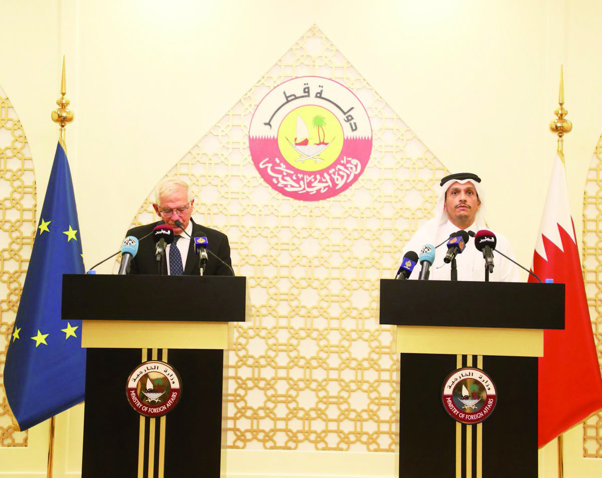 Deputy Prime Minister and Minister of Foreign Affairs H E Sheikh Mohammed bin Abdulrahman Al Thani with High Representative of the European Union for Foreign Affairs and Security Policy H E Josep Borrell, during a press meet in Doha, yesterday.