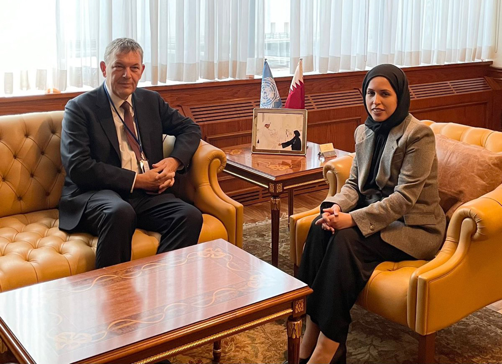 Permanent Representative of  Qatar to the UN H E Ambassador Sheikha Alya Ahmed bin Saif Al Thani meeting with United Nations Relief and Works Agency for the Palestine Refugees in the Near East Commissioner-General Philippe Lazzarini. 