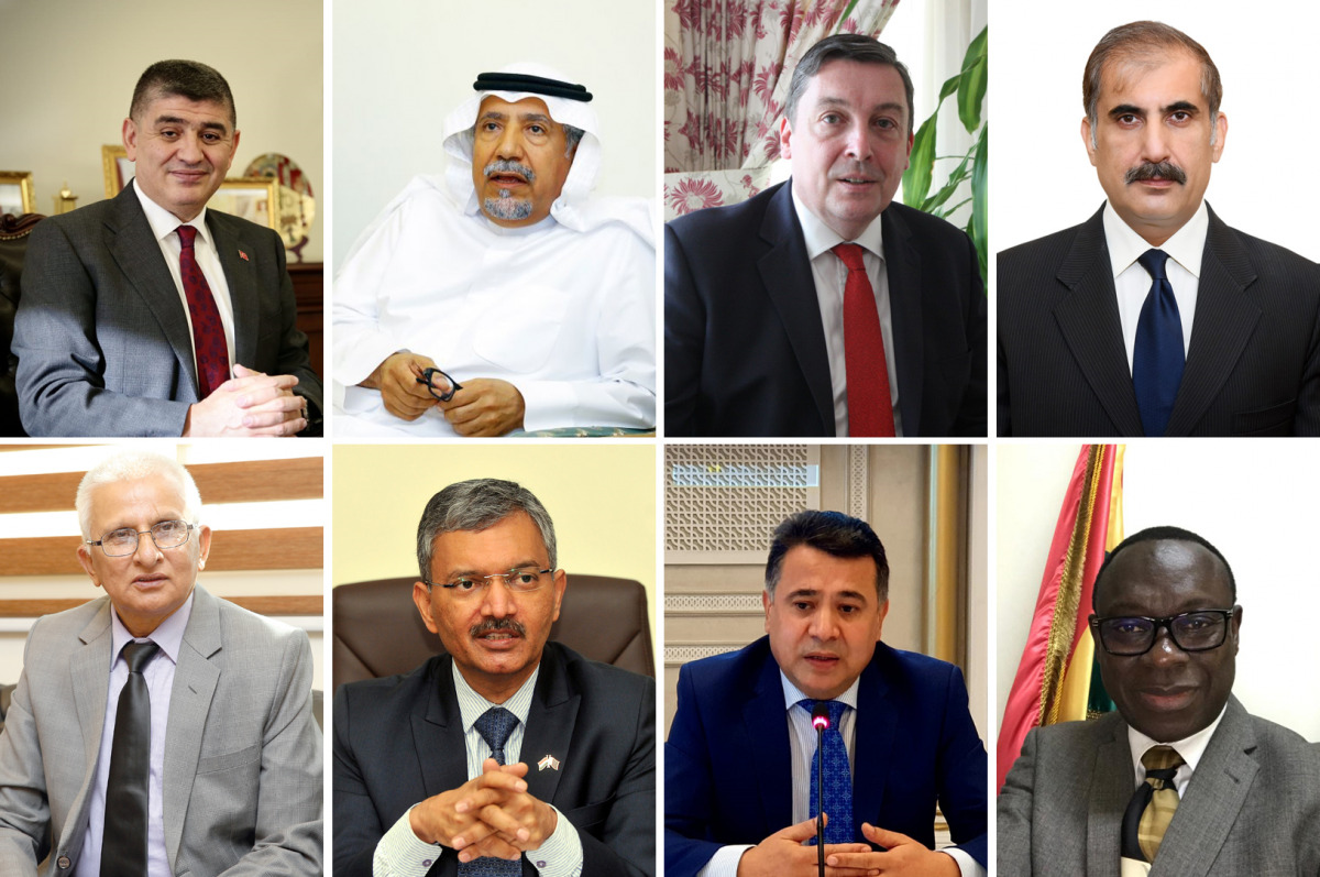 Top left: Ambassador of Turkey, Dr. Mustafa Göksu; Ambassador of Kuwait, Hafiz Mohammed Al Ajmi; Ambassador of the UK, Jon Wilks; and Ambassador of Pakistan, Syed Ahsan Raza Shah. 
Bottom left: Ambassador of Nepal, Dr. Narad Nath Bharadwaj; Ambassador of