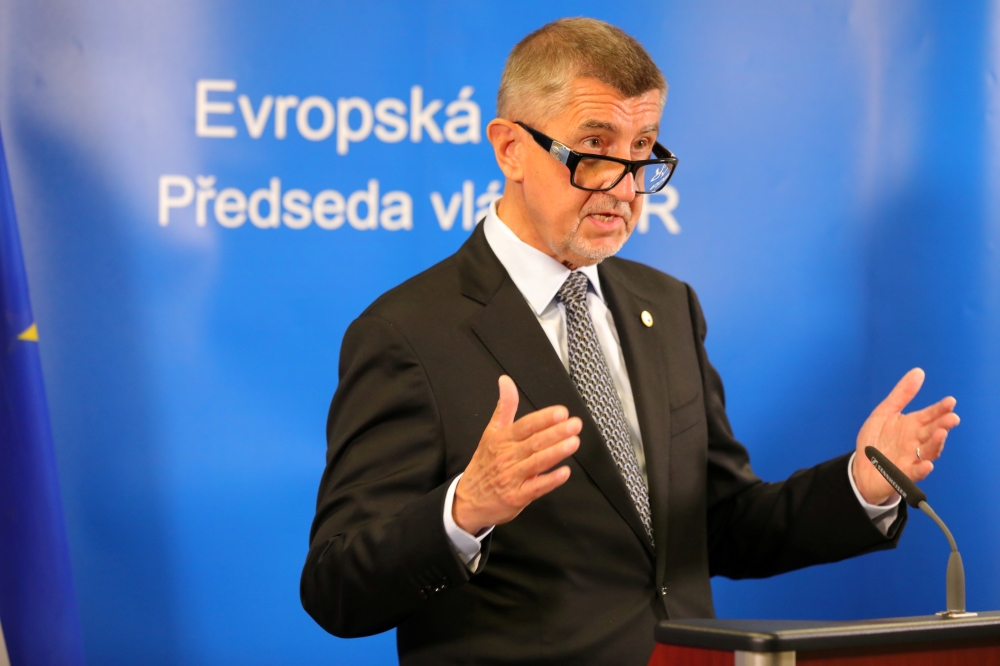  Czech Republic's Prime Minister Andrej Babis makes a statement on video during the EU Council summit in Brussels, Belgium, July 20, 2020. Olivier Matthys/Pool via Reuters/File Photo