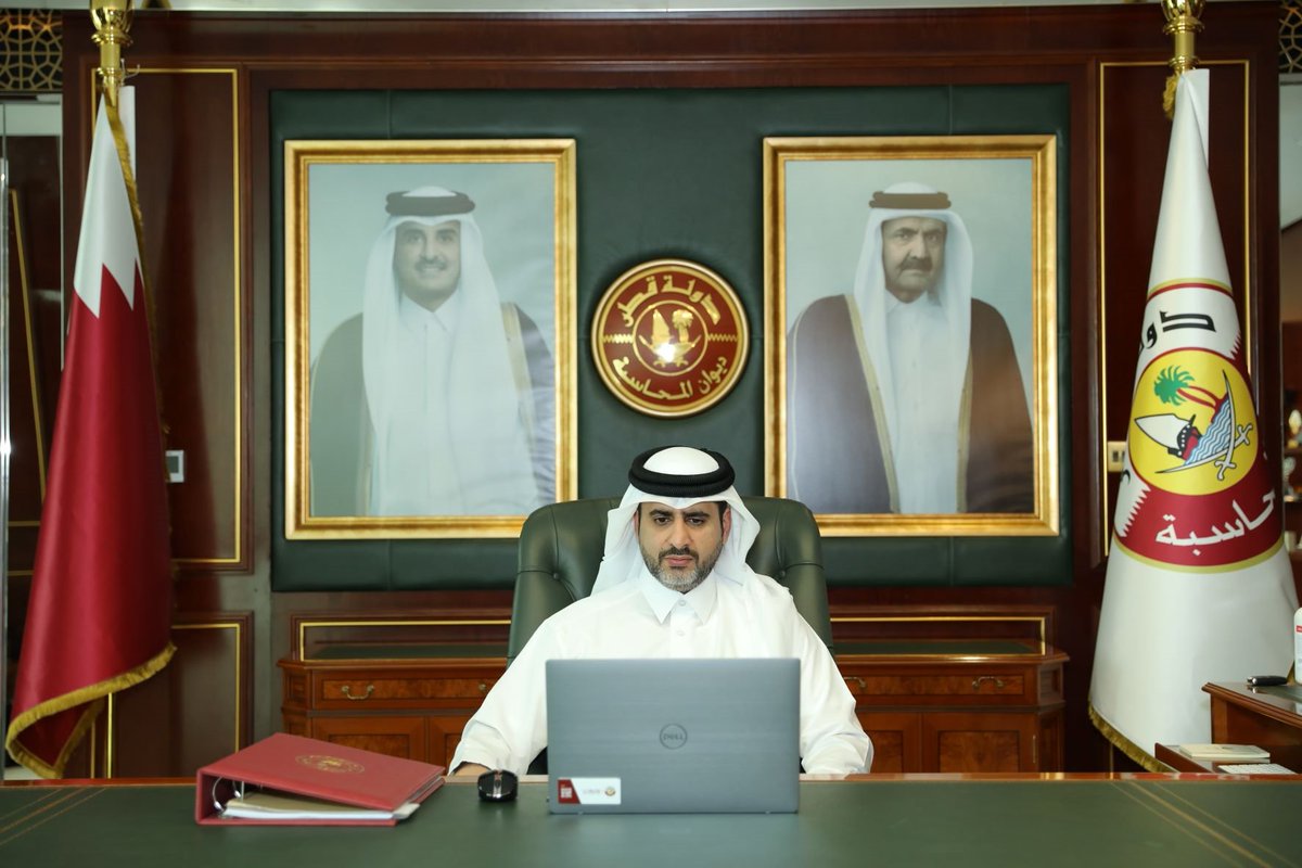 President of the State Audit Bureau H E Sheikh Bandar bin Mohammed bin Saoud Al Thani taking part in 18th meeting of Their Excellencies heads of GCC Audit and Accounting Bureaus through videoconferencing, yesterday.