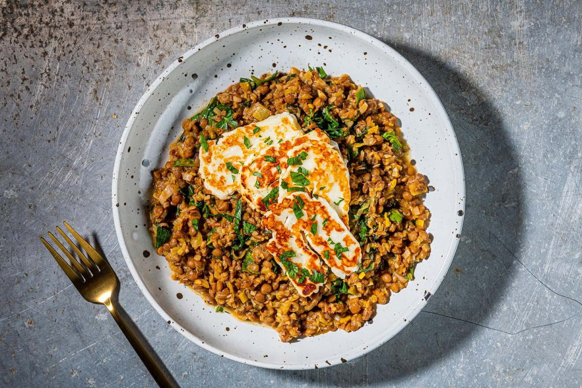 Leeks and Lentils with Fried Halloumi. Photo by Rey Lopez for The Washington Post.
