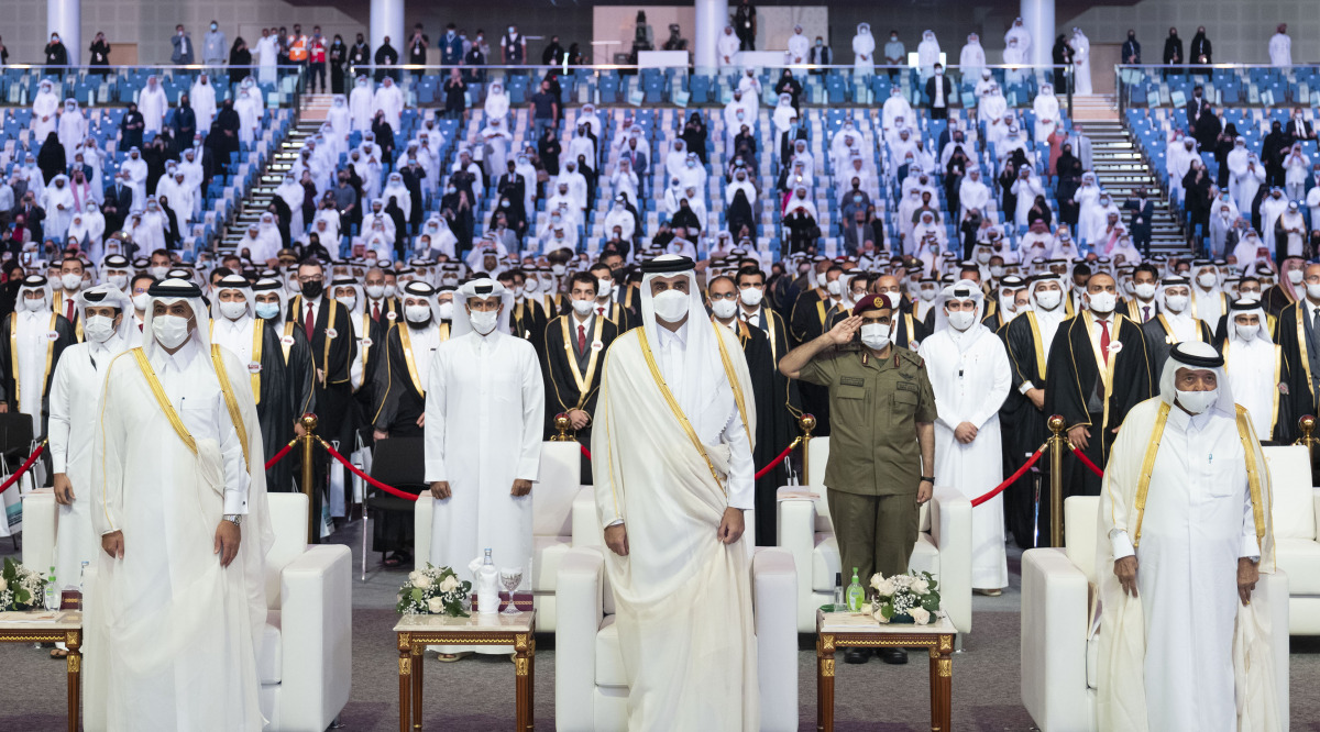 Amir H H Sheikh Tamim bin Hamad Al Thani with Prime Minister and Minister of Interior H E Sheikh Khalid bin Khalifa bin Abdulaziz Al Thani and other dignitaries attending the graduation of 44th batch of students at Qatar University, yesterday.