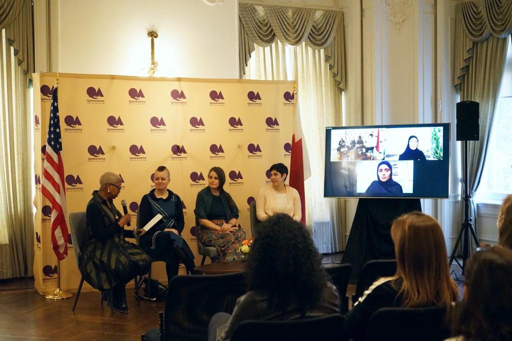 Officials of Qatar America Institute for Culture during the launch of  'Women of the Pandemic' exhibition, in Washington, DC.