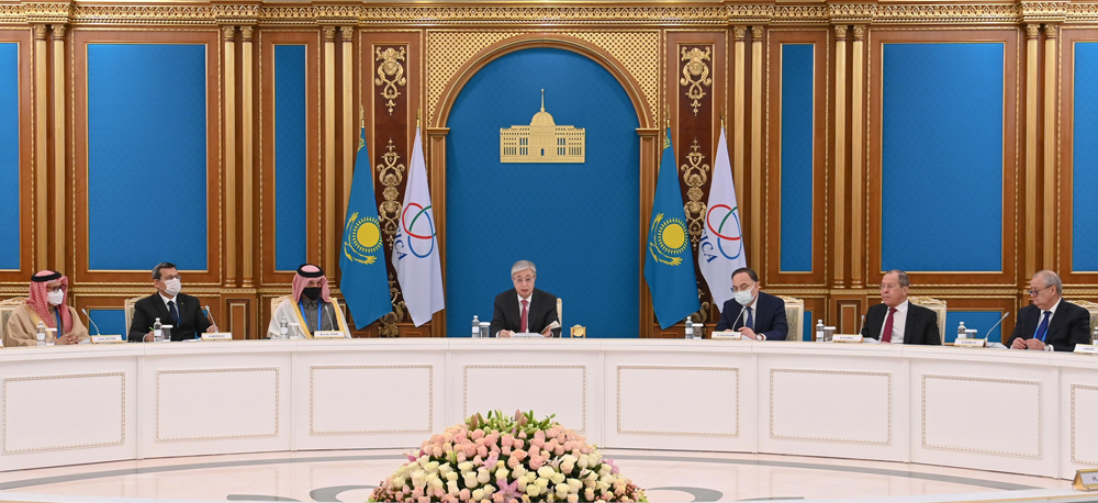 President of Kazakhstan H E Kassym-Jomart Tokayev during a CICA meeting with Deputy Prime Minister and Minister of Foreign Affairs H E Sheikh Mohammed bin Abdulrahman Al Thani and other dignitaries in the Kazakh capital Nur-Sultan. 

