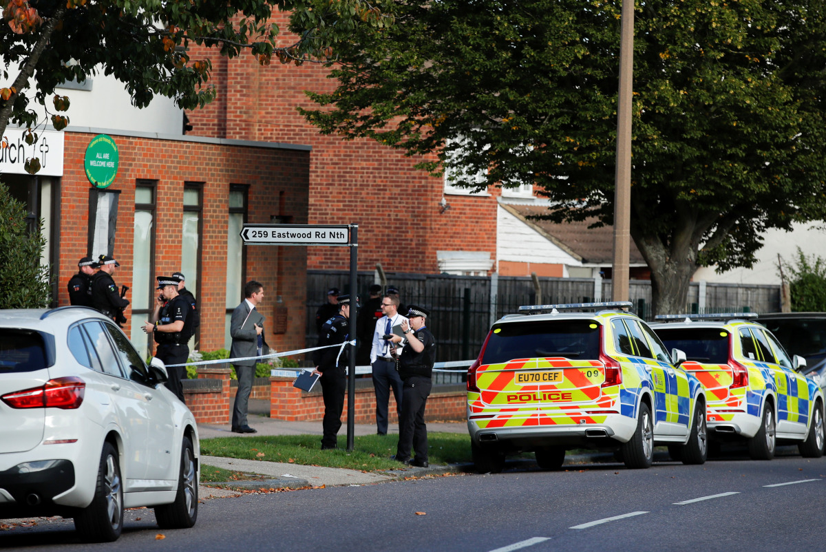 Police are seen at the scene where MP David Amess was stabbed during constituency surgery, in Leigh-on-Sea, Britain October 15, 2021. REUTERS/Andrew Couldridge

