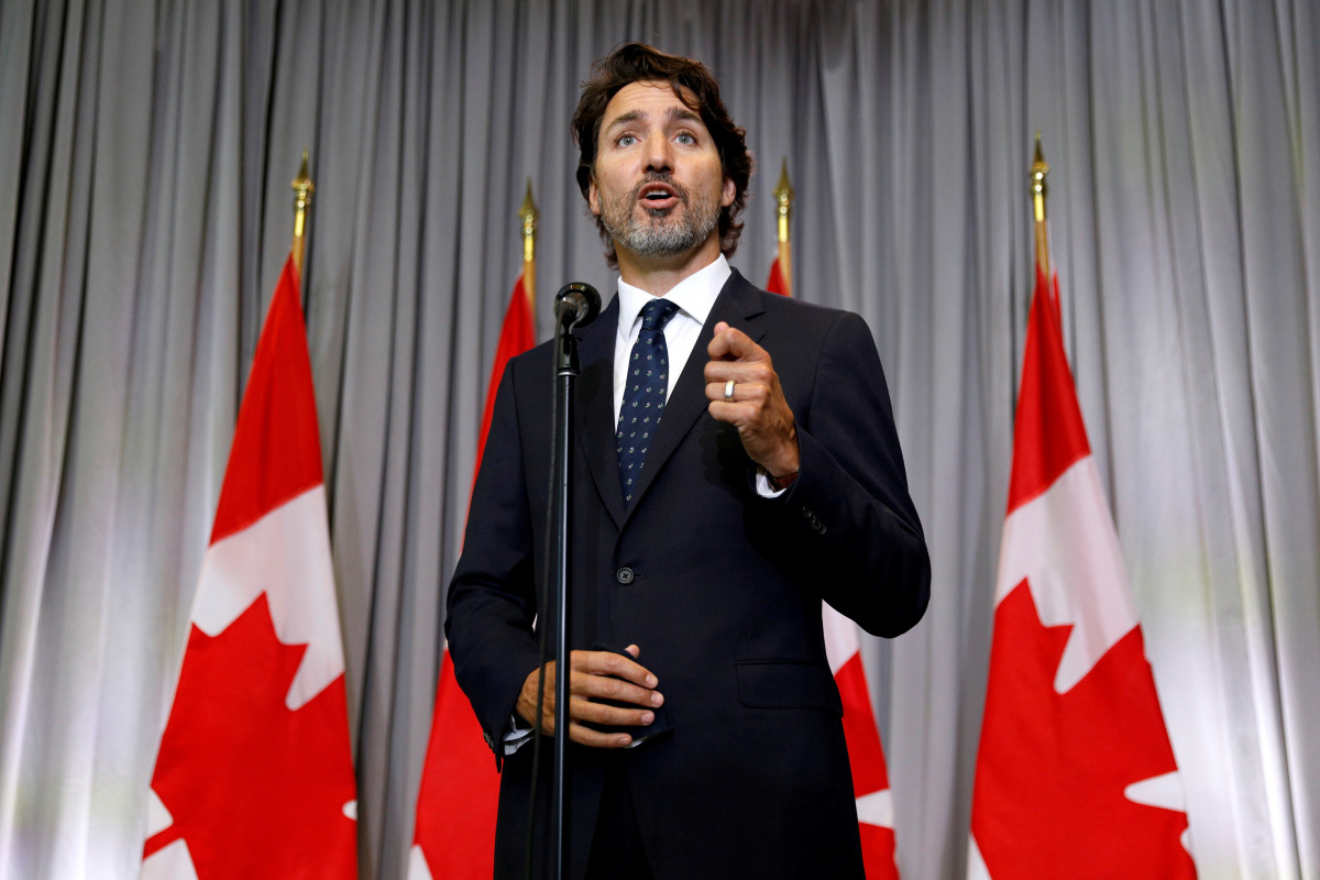 FILE PHOTO: Canada's Prime Minister Justin Trudeau speaks during a news conference at a cabinet retreat in Ottawa, Ontario, Canada September 14, 2020. REUTERS/Blair Gable/File Photo
