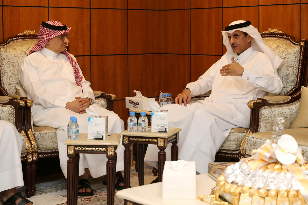 Ambassador of the Kingdom of Saudi Arabia to Qatar H E Prince Mansour bin Khalid bin Farhan Al Saud with Chairman of the Board of Directors of Dar Al Sharq, Sheikh Dr. Khalid bin Thani Al Thani, during the visit. PIC: Mohamed Farag