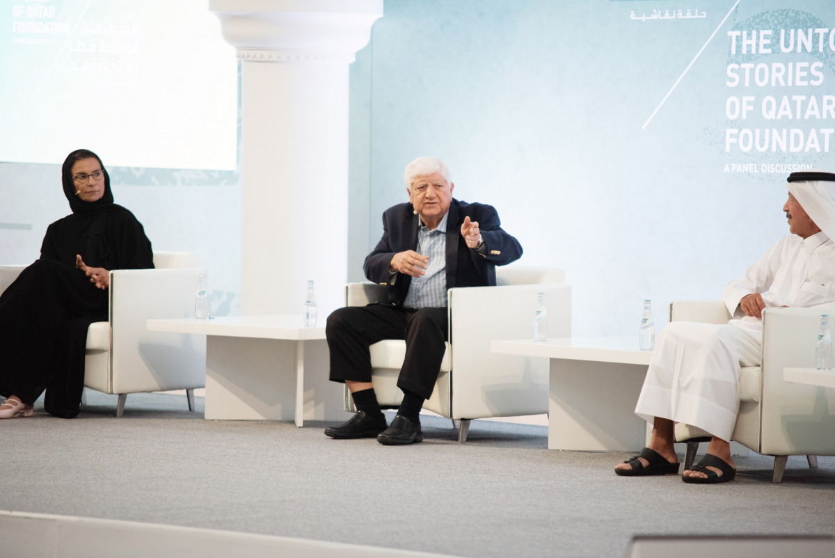H E Dr. Sheikha Abdulla Al Misnad, H E Dr. Ibrahim Al Ibrahim, and H E Yousef Hussain Kamal at The Untold Stories of Qatar Foundation panel discussion.