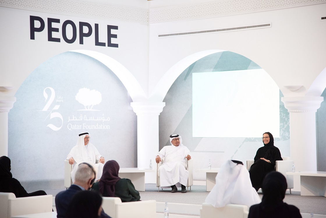Engineer AbdulRedha AbdulRahman, Dr. Saif Ali Al Hajri, and H E Dr. Sheikha Abdulla Al Misnad during a panel discussion.