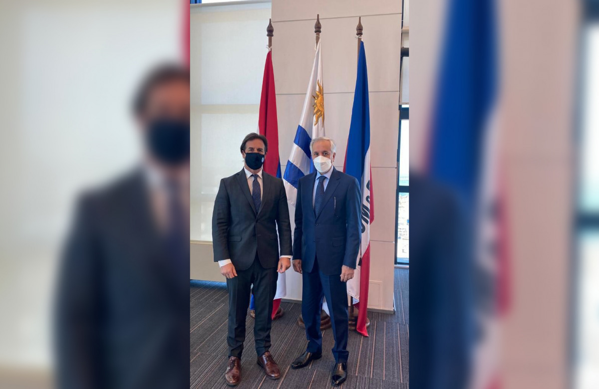 President of  Uruguay H E Luis Lacalle Pou meets with Minister of State for Foreign Affairs H E Sultan bin Saad Al Muraikhi.