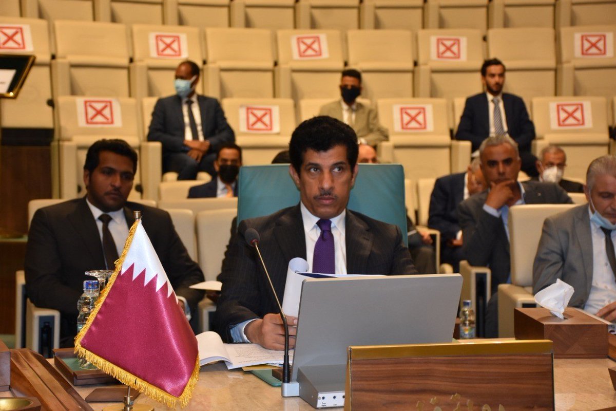 Permanent Representative of Qatar to the Arab League H E Ambassador Salem Mubarak Al Shafi taking part in the 34th meeting of the Council of Arab Transport Ministers, held at the headquarters of the Arab League’s General Secretariat.