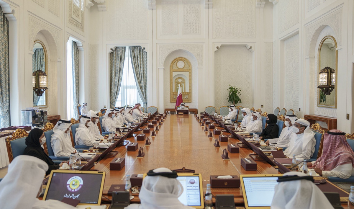 Prime Minister and Minister of Interior H E Sheikh Khalid bin Khalifa bin Abdulaziz Al Thani chairing the Cabinet’s regular meeting at the Amiri Diwan, yesterday.