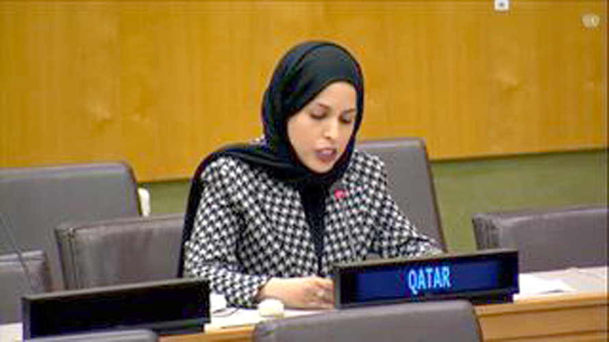 Permanent Representative of the State of Qatar to the United Nations Ambassador H E Sheikha Alia Ahmed bin Saif Al Thani attending the Special Political and Decolonization Committee of the 76th session of the UN General Assembly.