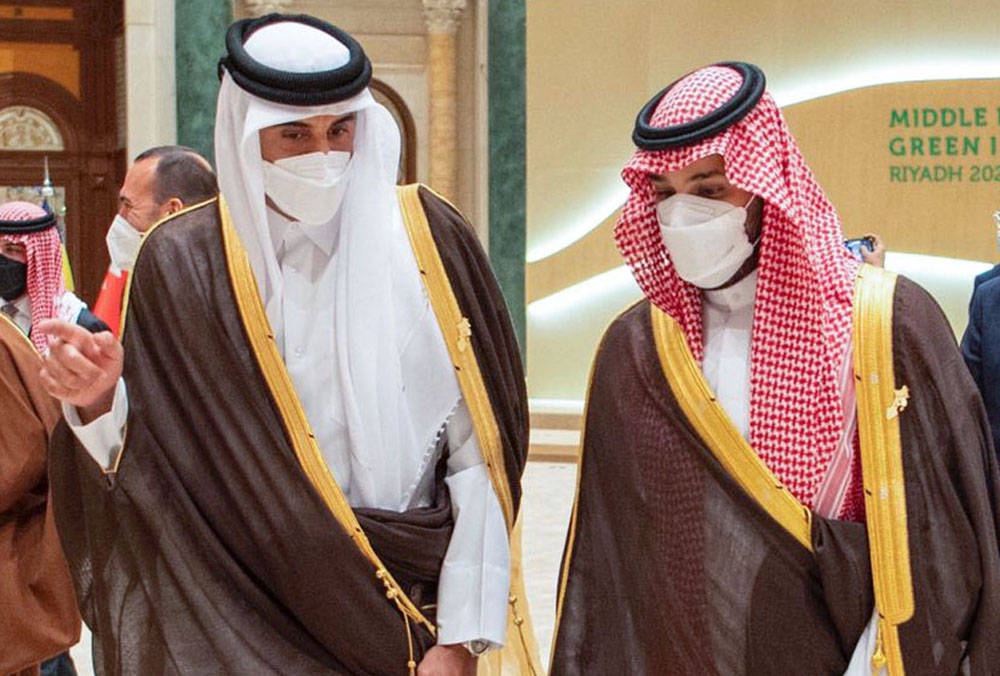 Amir H H Sheikh Tamim bin Hamad Al Thani with Crown Prince, Deputy Prime Minister, and Minister of Defence of Saudi Arabia H R H Prince Mohammed bin Salman bin Abdulaziz Al Saud, on the sidelines of the Middle East Green Initiative Summit in Riyadh, yeste