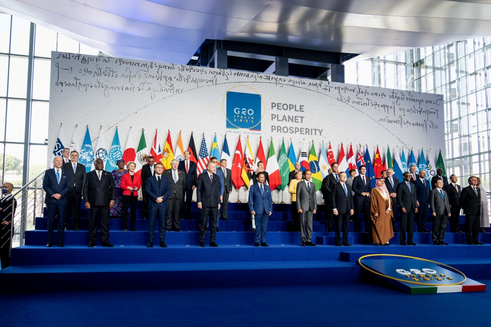 Leaders stand for a family photo at the G20 summit at the La Nuvola in Rome, Italy October 30, 2021. (Erin Schaff/REUTERS)
