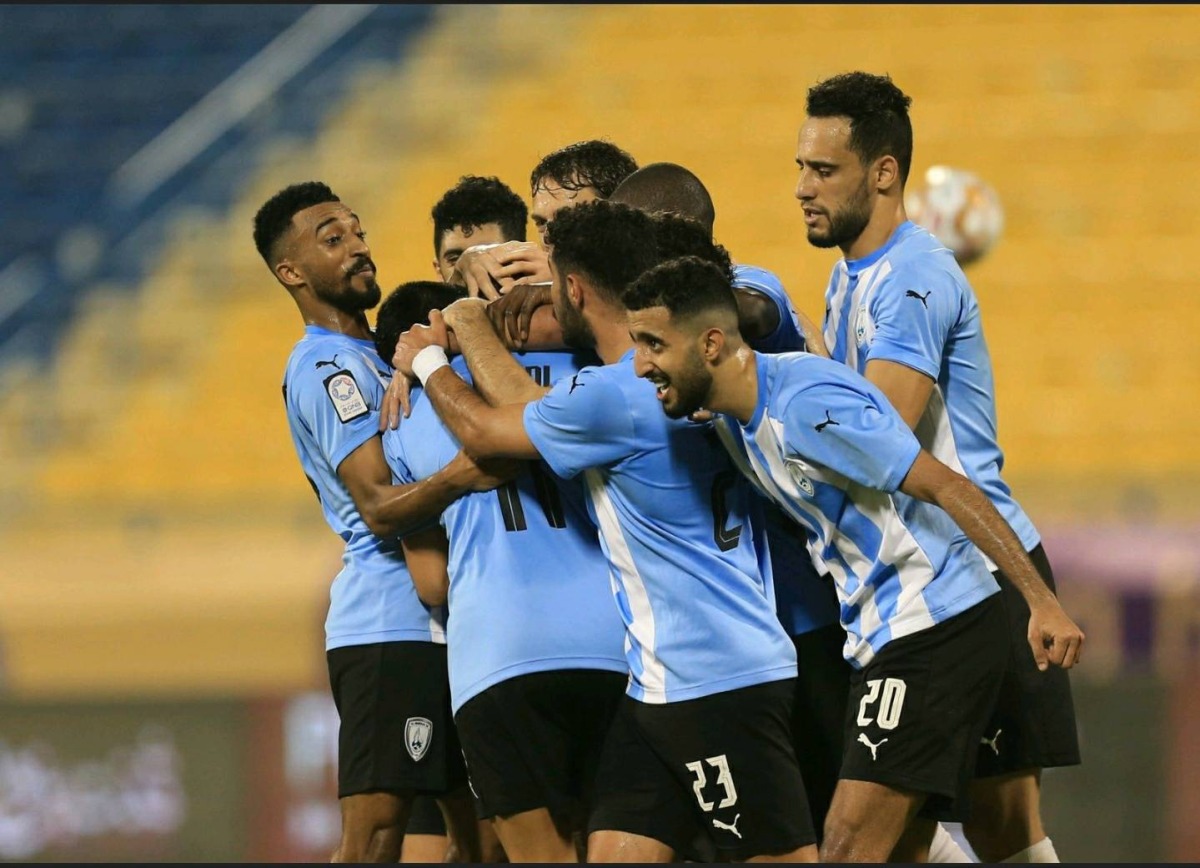 Al Wakrah players celebrate after Abdulghanai Muneer scored against Al Gharafa yesterday.