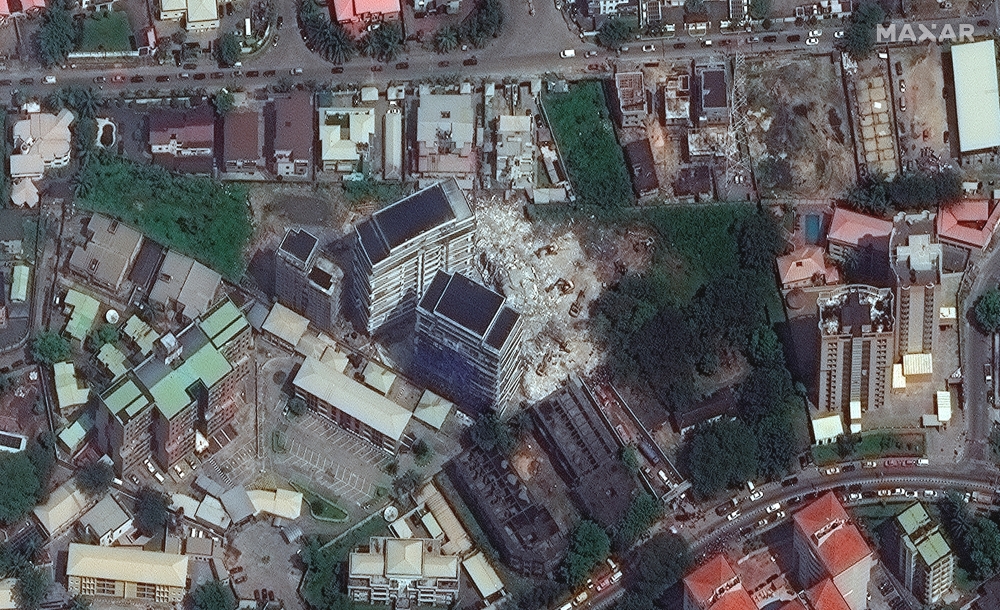 A satellite image shows a close-up view of the high-rise building after it collapsed in Lagos, Nigeria, November 3, 2021. Picture taken November 3, 2021. Satellite image copyright 2021 Maxar Technologies/Handout via REUTERS