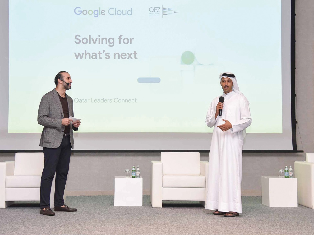 QFZA Deputy CEO Abdulla Al Misnad (right), and Google Cloud Qatar Country Manager Ghassan Kosta, during the “Qatar Leaders Connect at Google Next ’21” conference, in Doha, recently. 