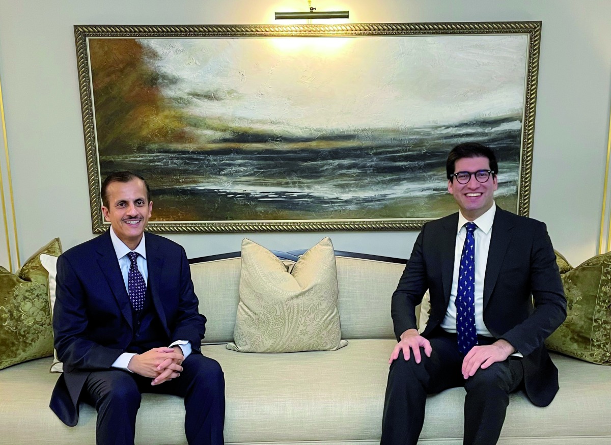 Sheikh Dr. Khalid bin Thani bin Abdullah Al Thani in a meeting with H E Ranil Jayawardena, United Kingdom’s Minister for International Trade (Parliamentary Under-Secretary of State) in London yesterday.
