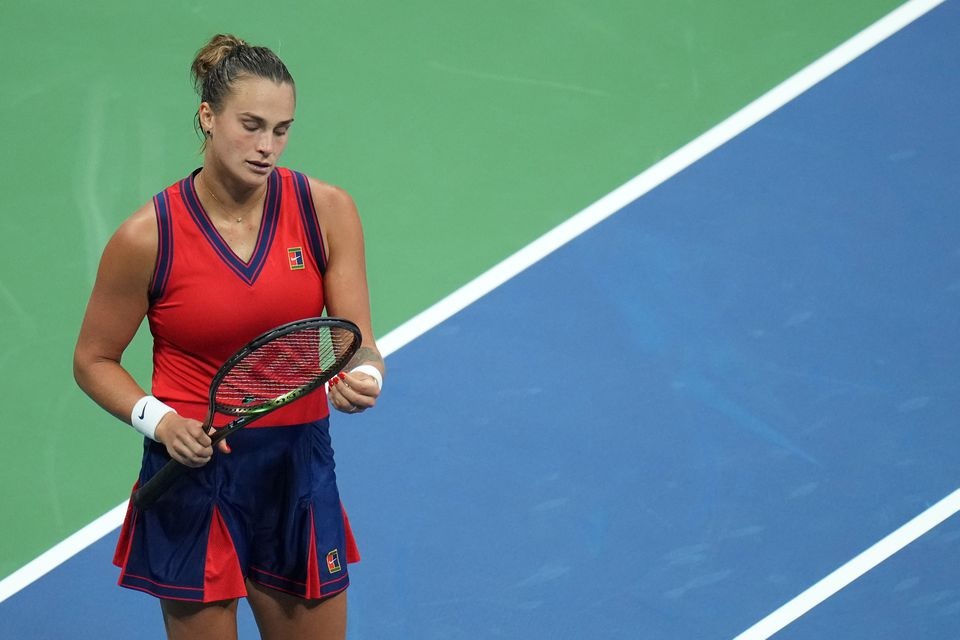 Aryna Sabalenka of Belarus reacts after losing a point against Leylah Fernandez of Canada (not pictured) on day eleven of the 2021 U.S. Open tennis tournament at USTA Billie Jean King National Tennis Center. Mandatory Credit: Danielle Parhizkaran-USA TODAY Sports

