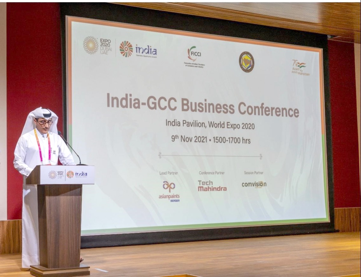A Qatari official speaks during the India-GCC Business Conference at Expo 2020 Dubai, recently. 