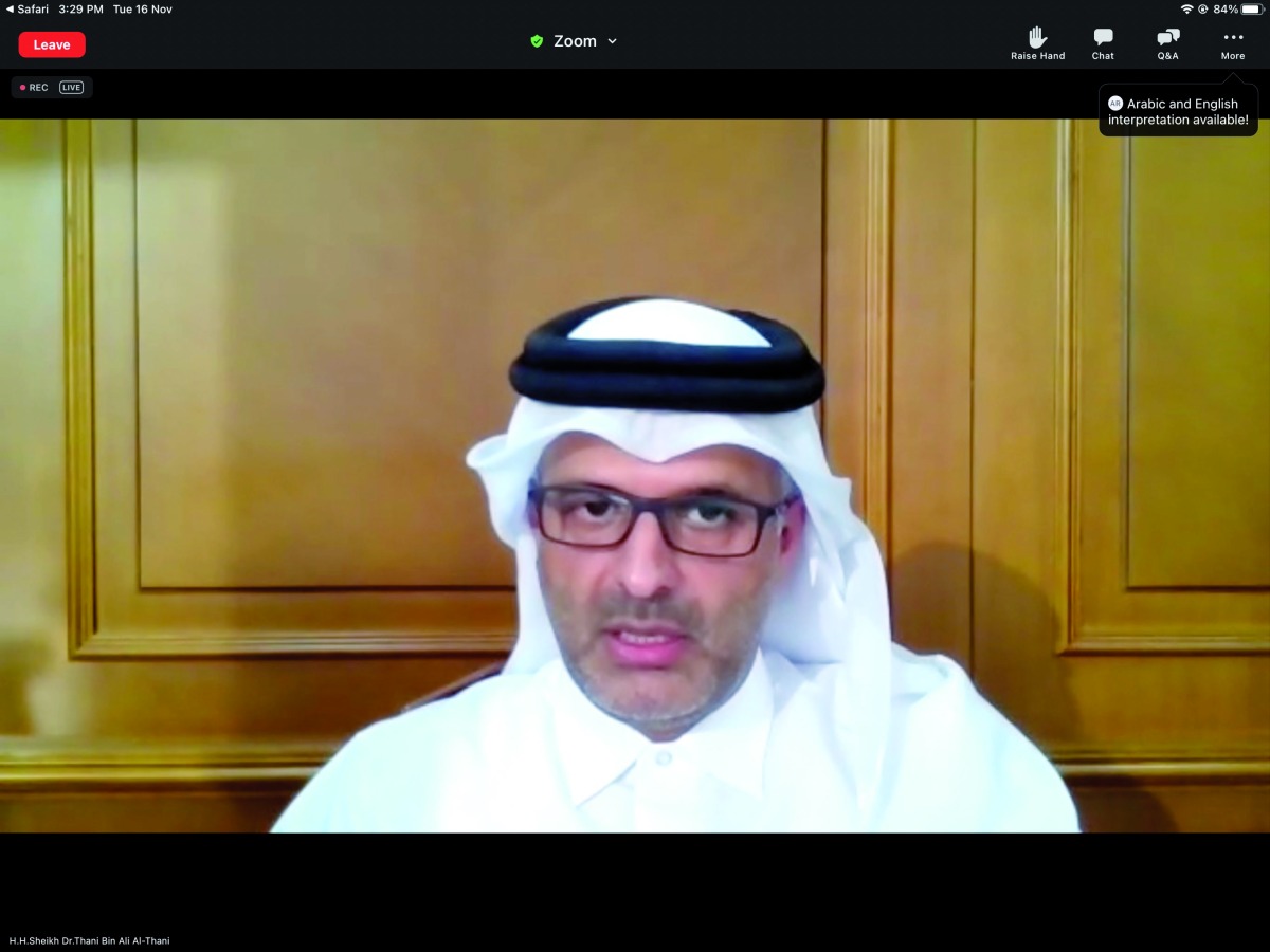 QICCA Board Member for International Relations Sheikh Dr Thani bin Ali Al Thani addressing the online event.