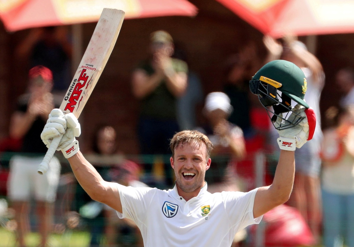 FILE PHOTO: South Africa's AB de Villiers celebrates his century in the South Africa vs Australia second test at Port Elizabeth, South Africa, March 11, 2018. cricket. REUTERS/Mike Hutchings/File Photo
