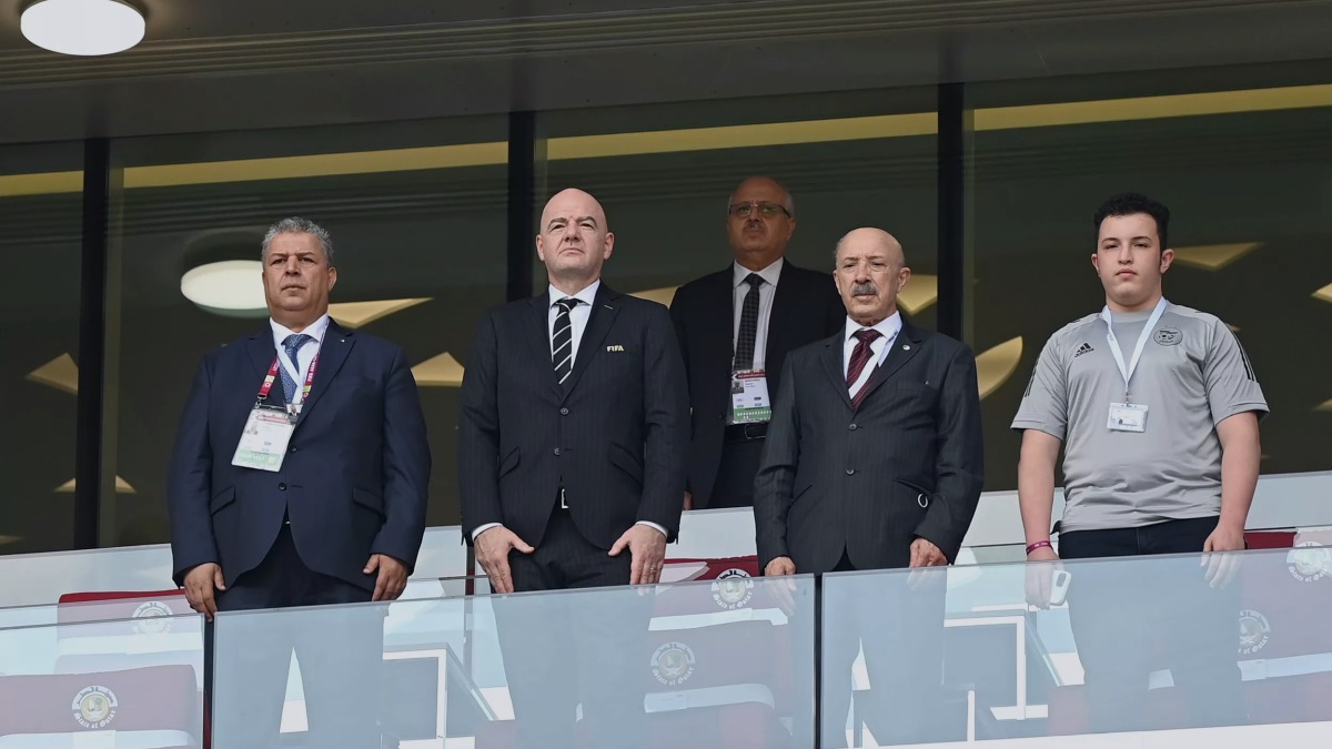 FIFA President Gianni Infantino and officials during the FIFA Arab Cup match between Algeria and Sudan at Ahmad Bin Ali Stadium, yesterday.