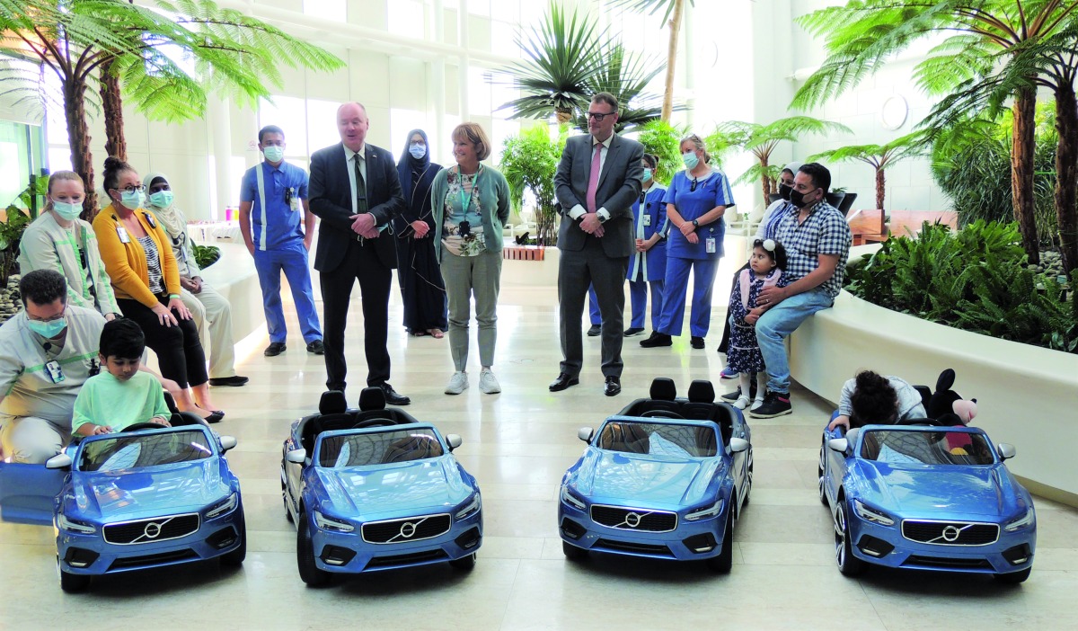 Ambassador of Sweden to Qatar H E Anders Bengtcén, Managing Director of Domasco Volvo Jonathan Pollock and Chief Executive Officer at Sidra Medicine Dr. Barbro Fridén, with the patients and staff at Sidra Medicine, recently. 
