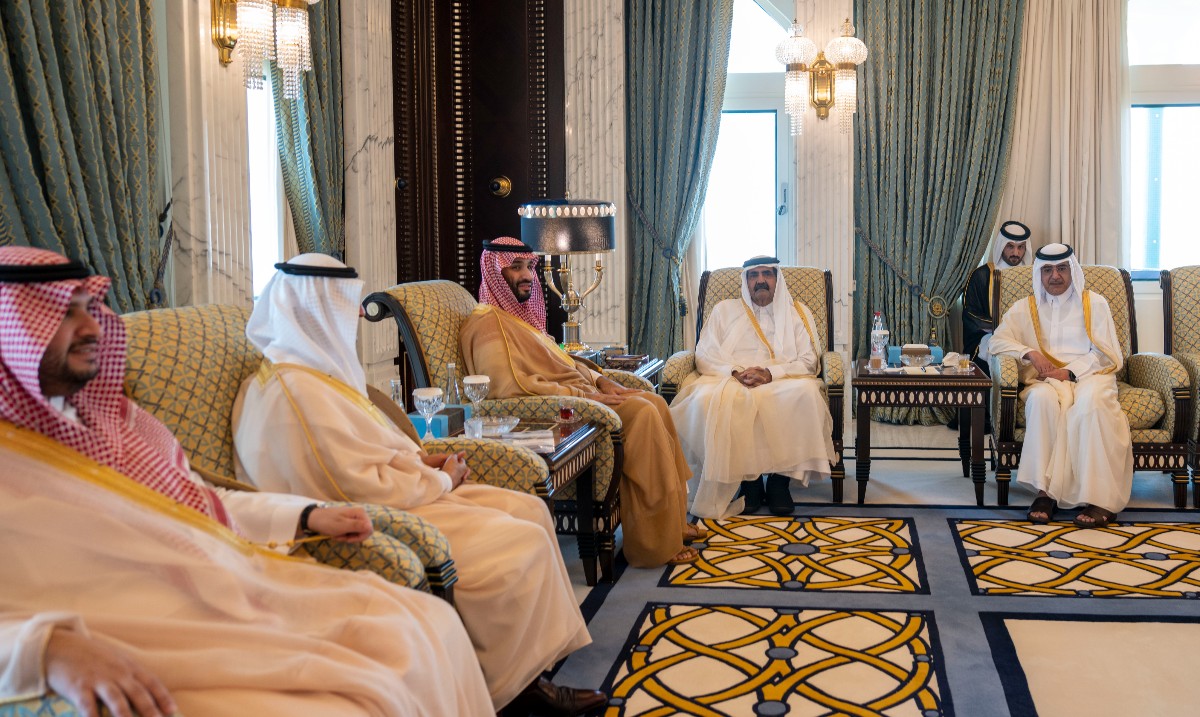 The Father H H Amir Sheikh Hamad bin Khalifa Al Thani H R H Prince Mohammed bin Salman bin Abdulaziz Al Saud, Crown Prince, Deputy Prime Minister and Minister of Defense of Saudi Arabia at the Amiri Diwan this morning.