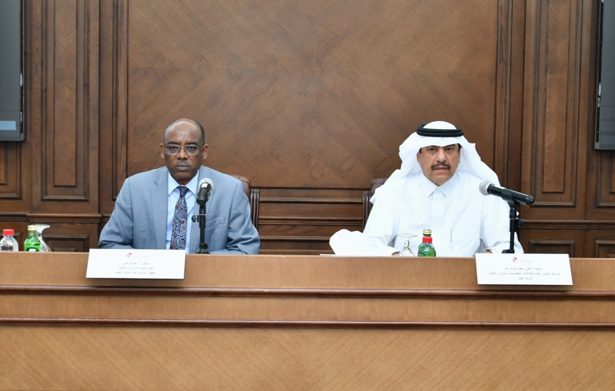 Assistant Director-General for Government Relations and Committees Affairs at QC Ali Bu Sherbak Al Mansouri and Dean of School of Public Administration and Development Economics at Doha Institute for Graduate Studies Dr Hamid Ali, during the seminar. 
