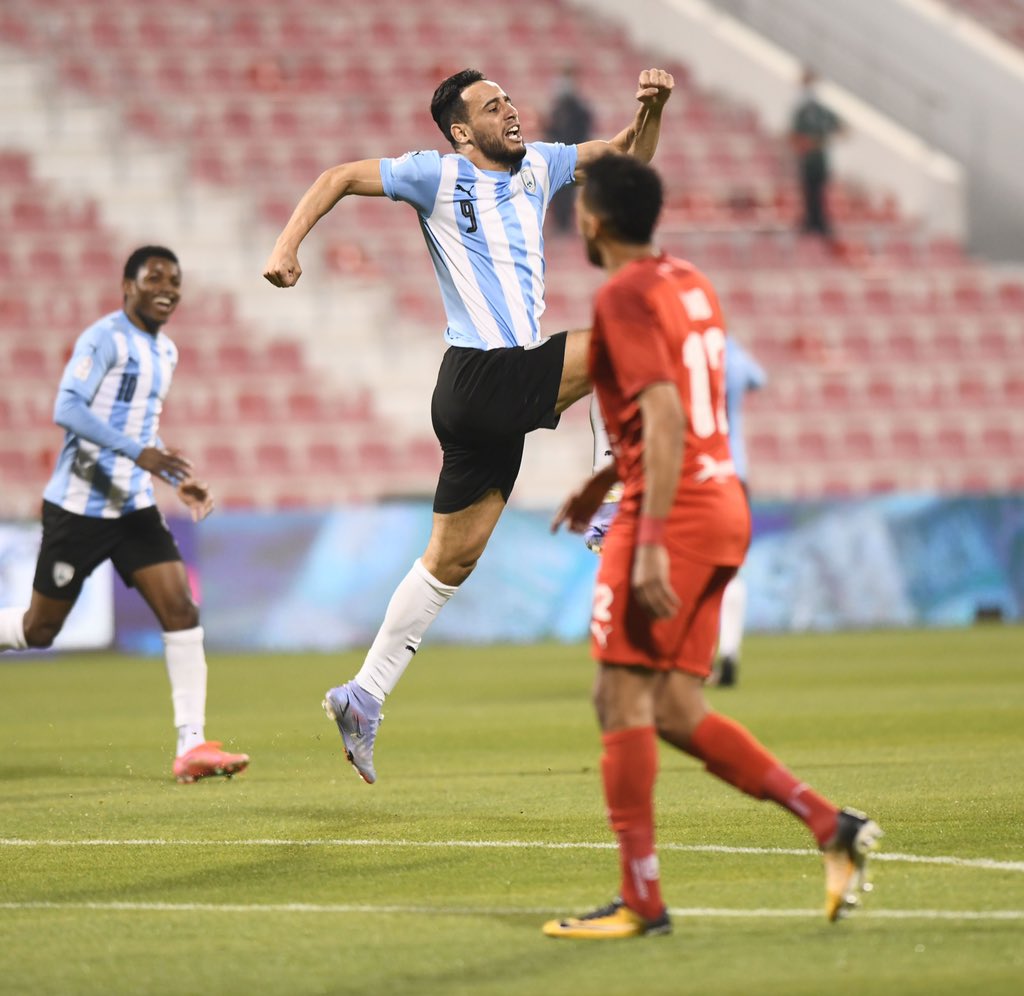 Mohamed Benyettou celebrates after scoring Al Wakrah's second goal against Al Arabi.