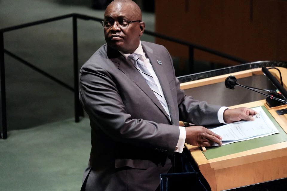Botswana's President Mokgweetsi Eric Keabetswe Masisi speaks during the 76th session of the United Nations General Assembly at the U.N. headquarters in New York, U.S., September 23, 2021. Spencer Platt/Pool via REUTERS


