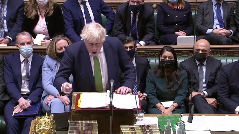 British Prime Minister Boris Johnson speaks during the weekly Prime Minister's Questions at the parliament in London, Britain January 19, 2022, in this screen grab taken from a video. Reuters TV via Reuters