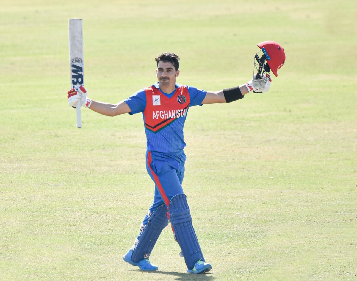 Afghanistan’s Rahmanullah Gurbaz celebrates after scoring his century, yesterday. PIC: ACB MEDIA