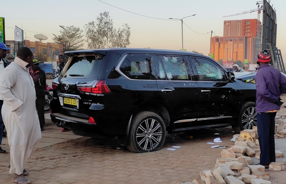 Bullet holes are seen in a car that belongs to the presidency following heavy gunfire near the president Roch Kabore residence in Ouagadougou, Burkina Faso January 24, 2022. Reuters/Thiam Ndiaga