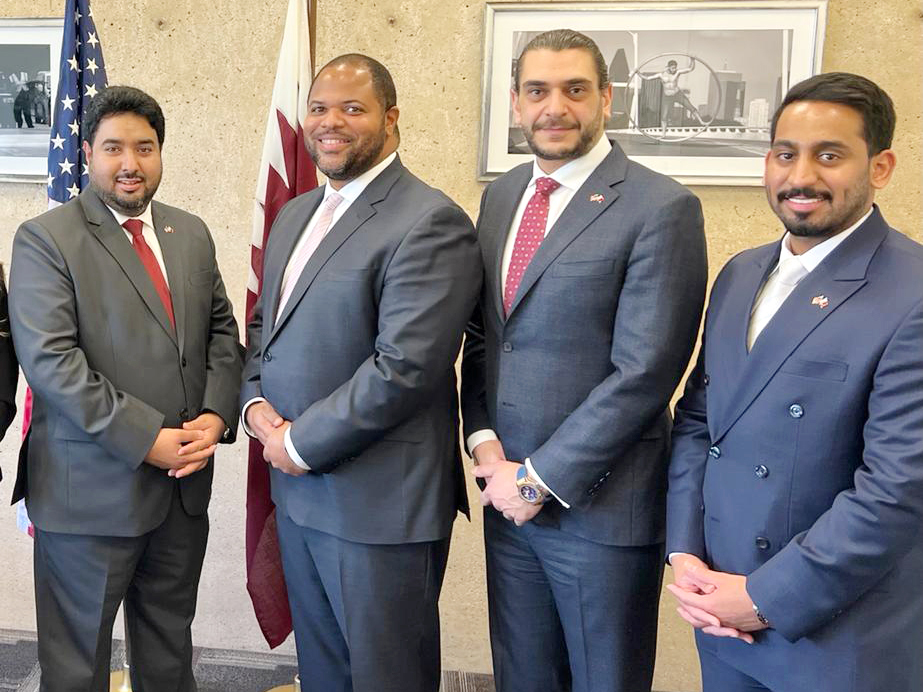Commercial Attaché in the US for the State of Qatar Fahad Al Dosari; and Managing Director and Treasurer of the Board of Directors of USQBC Mohammed Barakat with Mayor of Dallas Eric Johnson. 