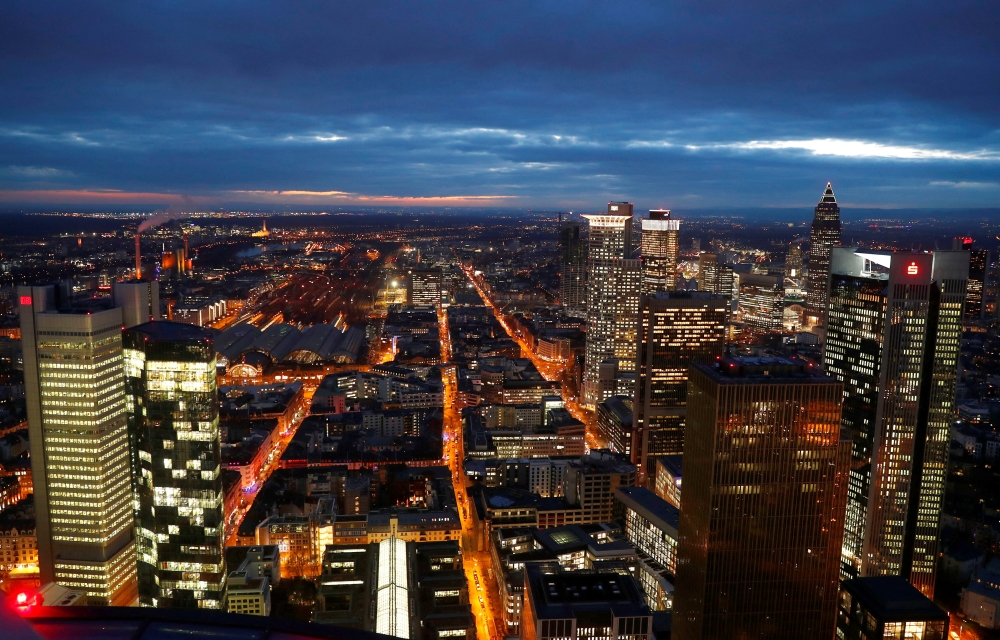 FILE PHOTO: The financial district is photographed on early evening in Frankfurt, Germany, January 29, 2019. REUTERS.