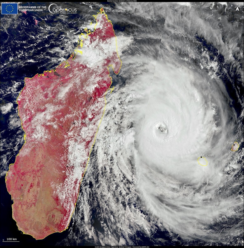 A satellite image shows Cyclone Batsirai heading towards Madagascar, February 4, 2022. European Union, Copernicus Sentinel-3 Imagery processed by @DEFIS_EU/Handout via REUTERS