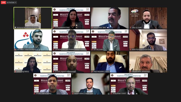 India’s Ambassador to Qatar H E Dr. Deepak Mittal, Board Member at Qatar Chamber Mohammed bin Ahmad Al Obaidly, and other officials from ICAI and IBPC participate during the summit.  