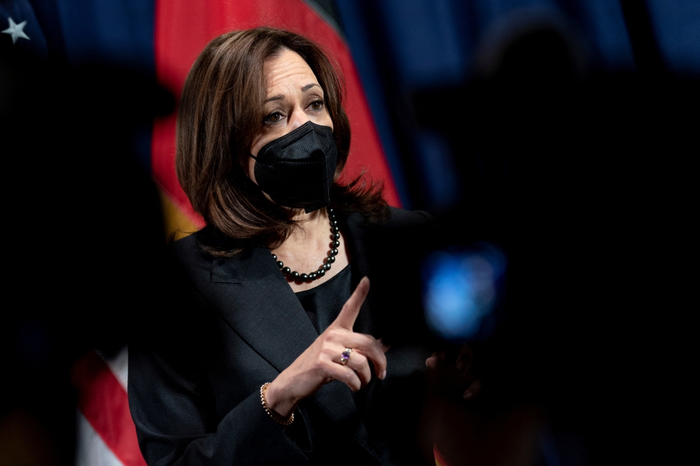 US Vice President Kamala Harris speaks to members of the media, after attending the Munich Security Conference, at her hotel in Munich, Germany February 20, 2022. Andrew Harnik/Pool via Reuters
