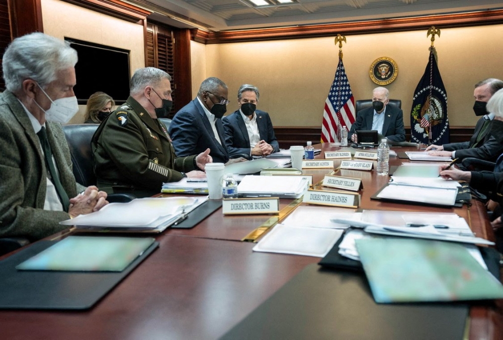 US President Joe Biden convenes a meeting of the National Security Council to discuss latest developments regarding Russia's military buildup on the borders of Ukraine, in Washington, U.S. February 20, 2022. White House/Handout via Reuters